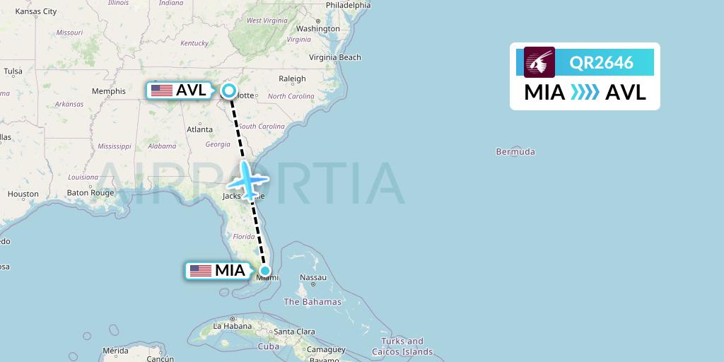QR2646 Qatar Airways Flight Map: Miami to Asheville