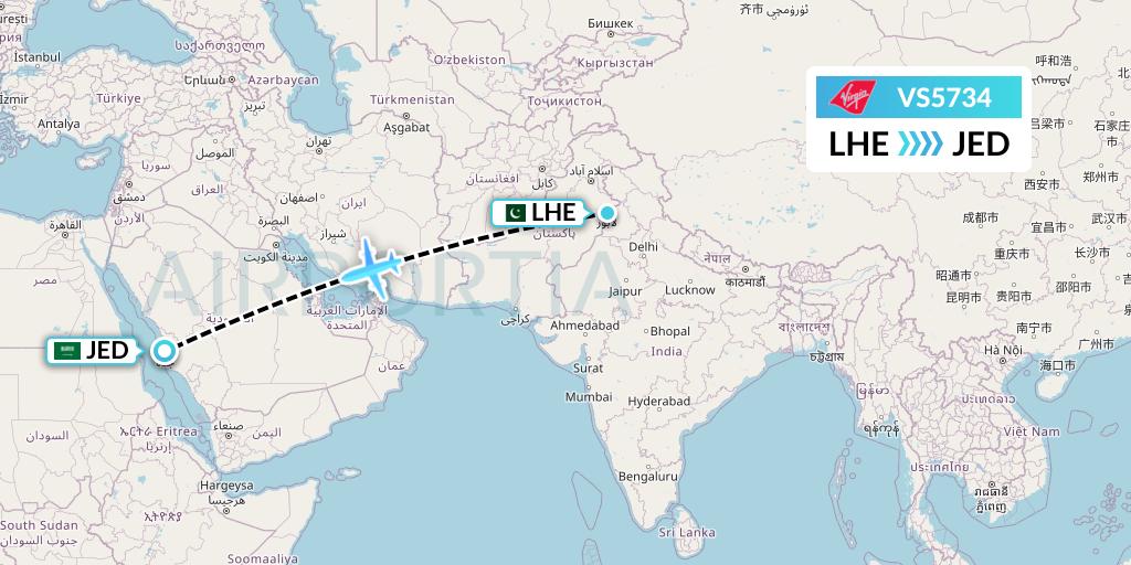 VS5734 Virgin Atlantic Airways Flight Map: Lahore to Jeddah