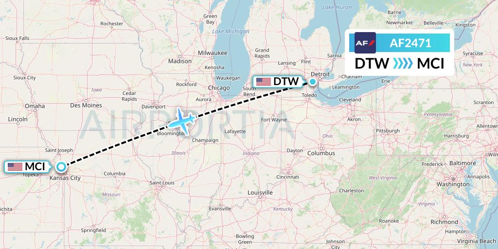AF2471 Air France Flight Map: Detroit to Kansas City