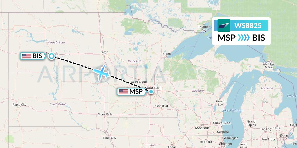 WS8825 WestJet Flight Map: Minneapolis to Bismarck