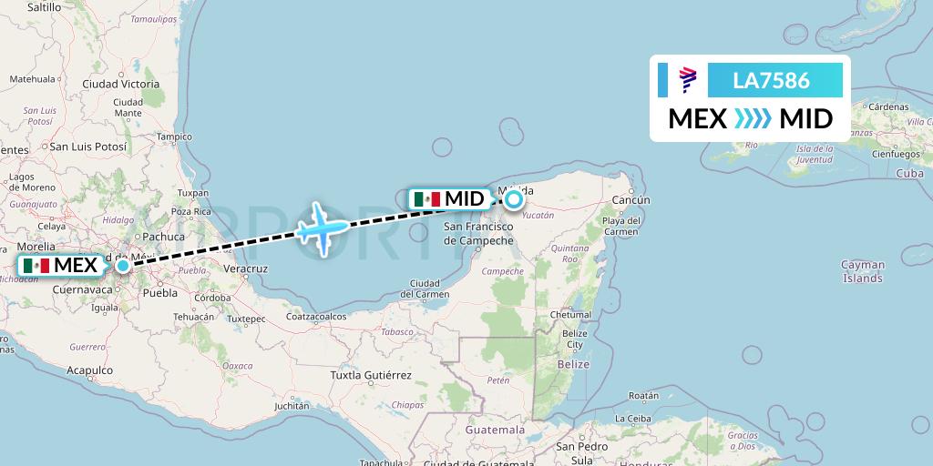 LA7586 LAN Airlines Flight Map: Mexico City to Merida