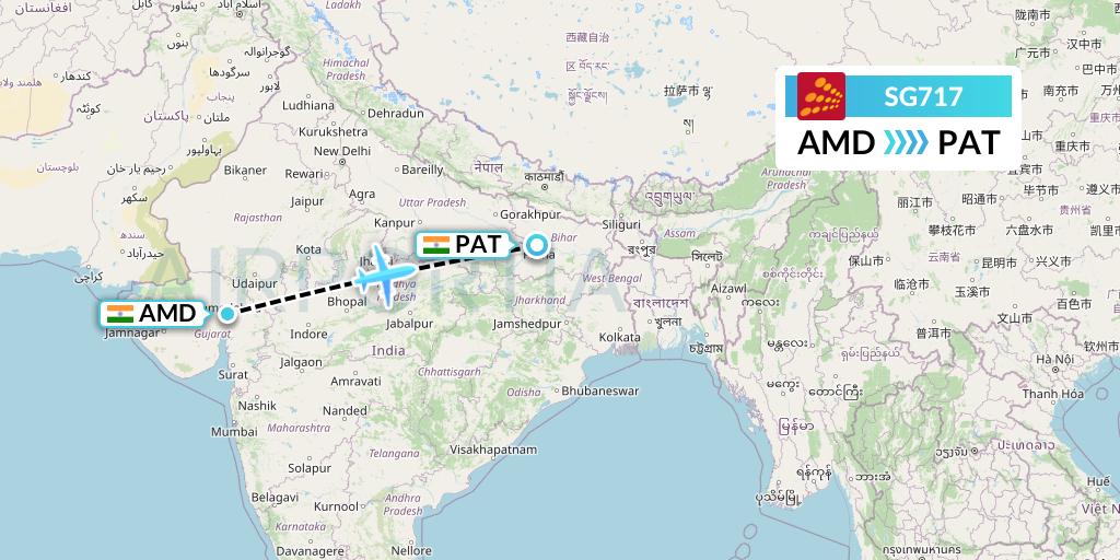 SG717 SpiceJet Flight Map: Ahmedabad to Patna