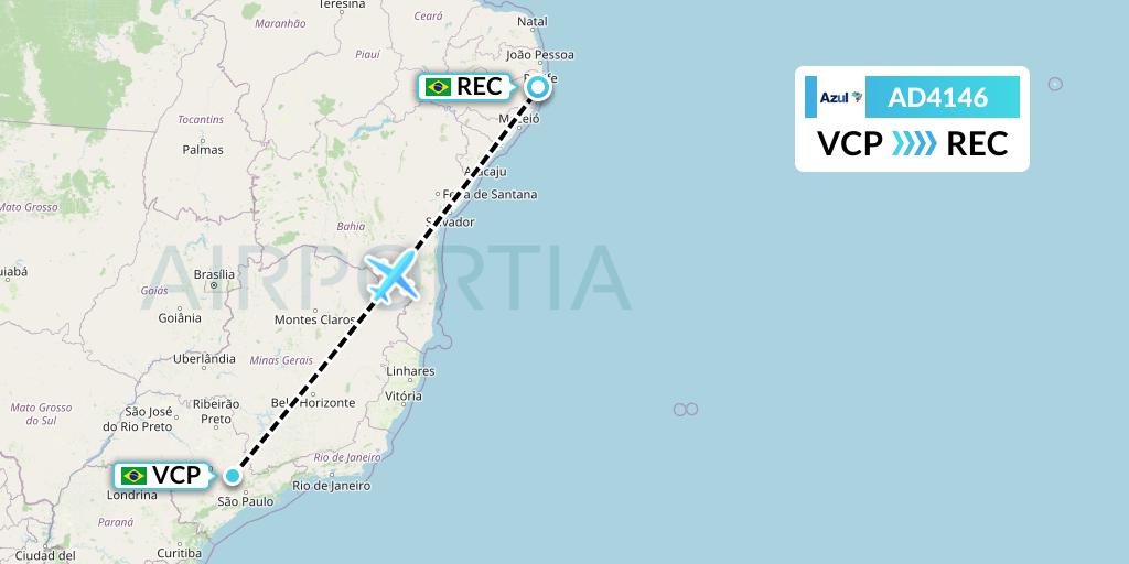 AD4146 Azul Brazilian Airlines Flight Map: Campinas to Recife