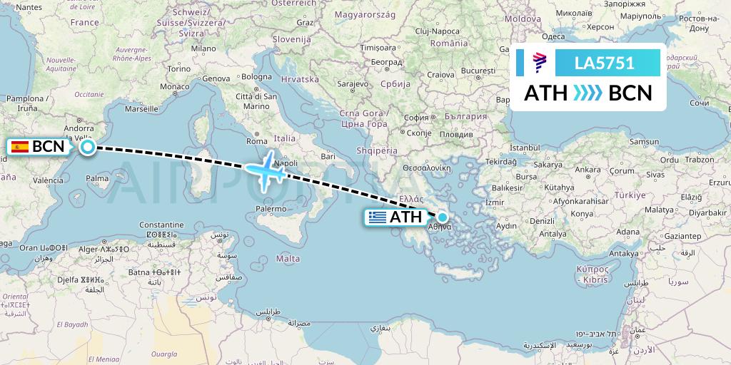 LA5751 LAN Airlines Flight Map: Athens to Barcelona