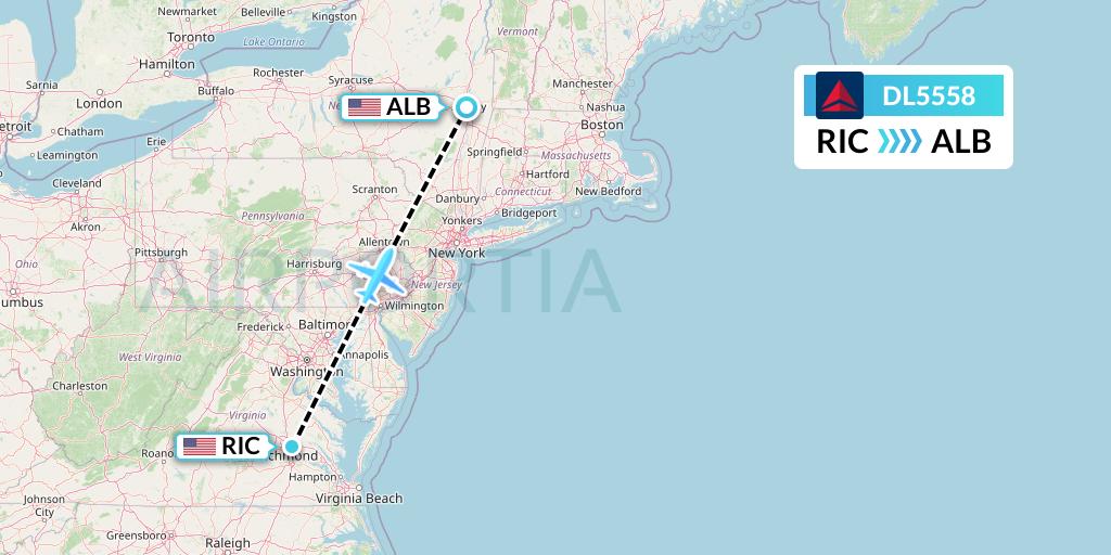 DL5558 Delta Air Lines Flight Map: Richmond to Albany