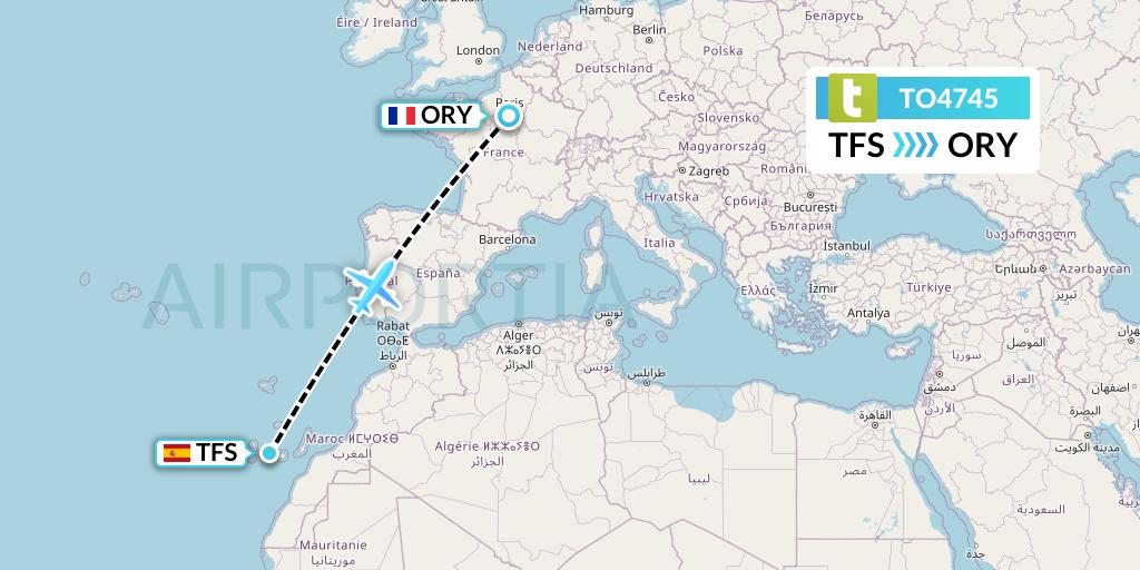 TO4745 Transavia France Flight Map: Tenerife to Paris