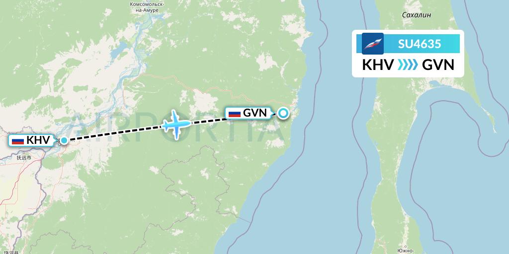 SU4635 Aeroflot Flight Map: Khabarovsk to Komsomolsk na Amur