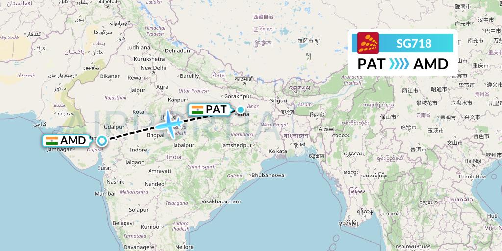 SG718 SpiceJet Flight Map: Patna to Ahmedabad