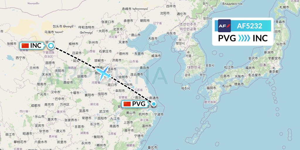 AF5232 Air France Flight Map: Shanghai to Yinchuan