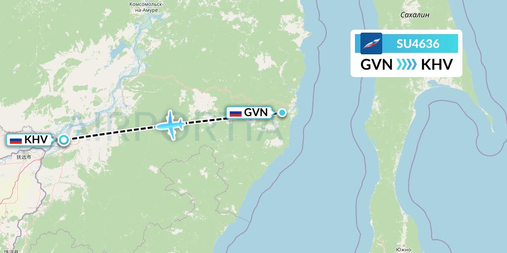 SU4636 Aeroflot Flight Map: Komsomolsk na Amur to Khabarovsk