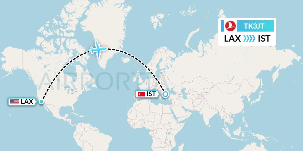 TK3JT Turkish Airlines Flight Map: Los Angeles to Istanbul