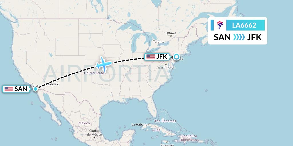 LA6662 LAN Airlines Flight Map: San Diego to New York