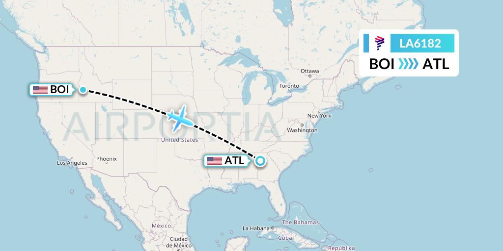 LA6182 LAN Airlines Flight Map: Boise to Atlanta