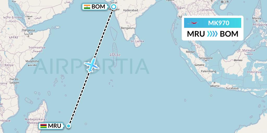 MK970 Air Mauritius Flight Map: Port Louis to Mumbai