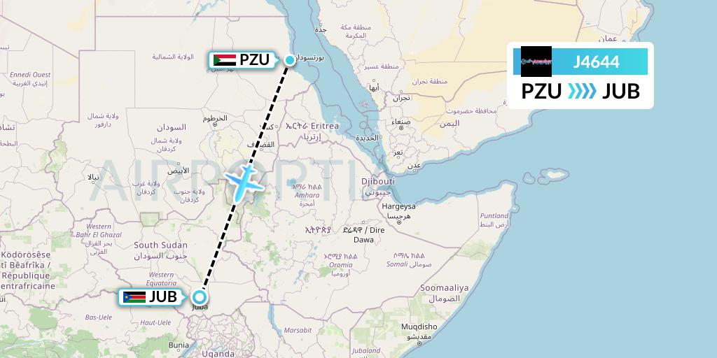 J4644 Badr Airlines Flight Map: Port Sudan to Juba