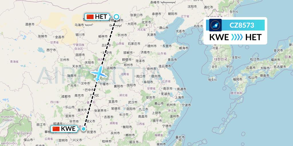 CZ8573 China Southern Airlines Flight Map: Guiyang to Hohhot