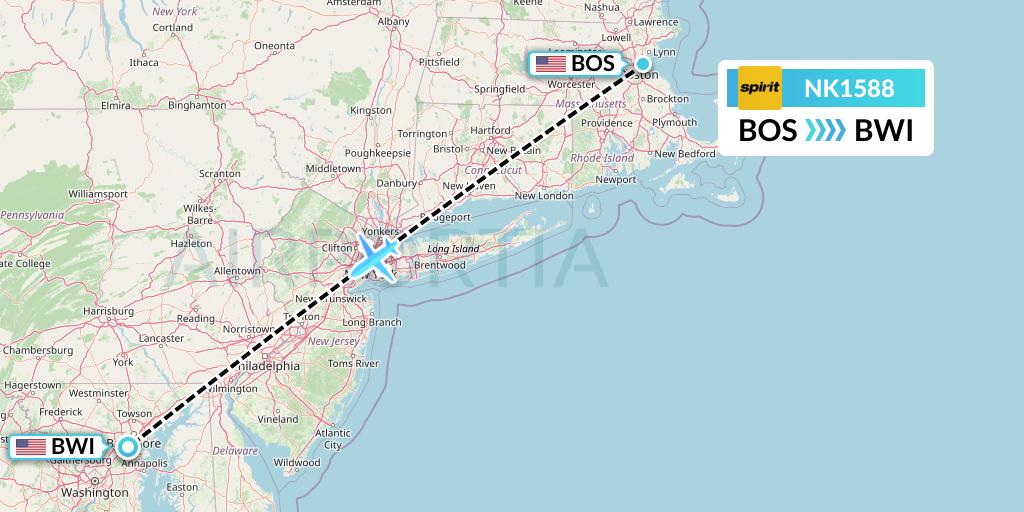 NK1588 Spirit Airlines Flight Map: Boston to Baltimore