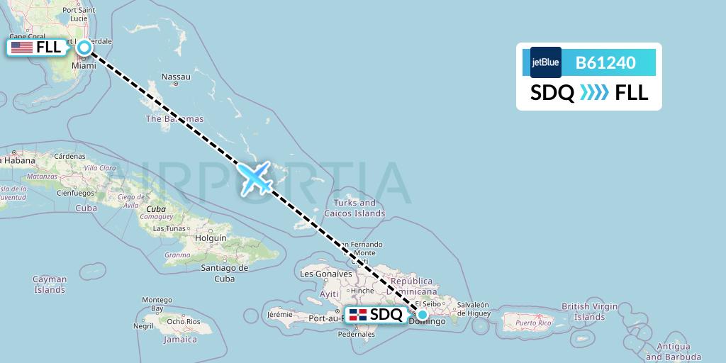 B61240 JetBlue Airways Flight Map: Santo Domingo to Fort Lauderdale