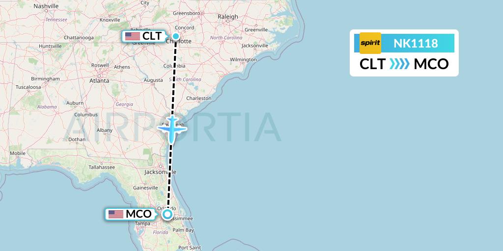NK1118 Spirit Airlines Flight Map: Charlotte to Orlando