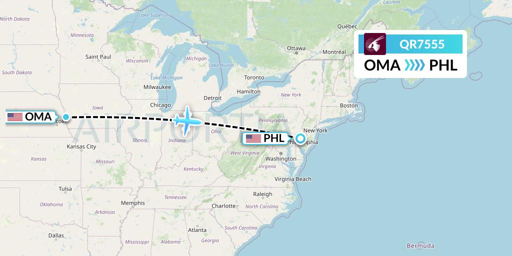QR7555 Qatar Airways Flight Map: Omaha to Philadelphia