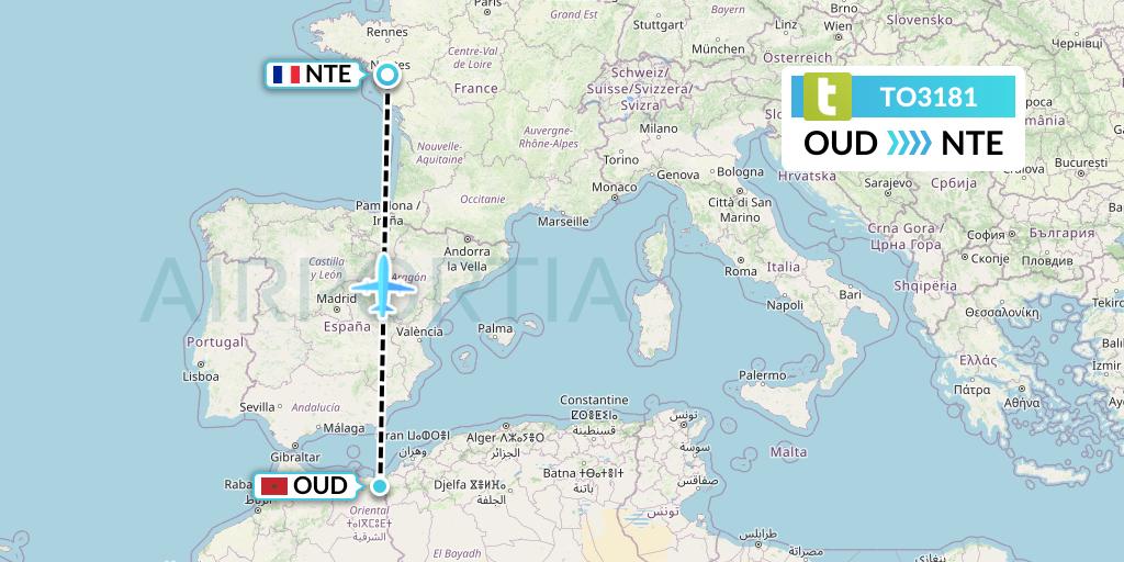 TO3181 Transavia France Flight Map: Oujda to Nantes