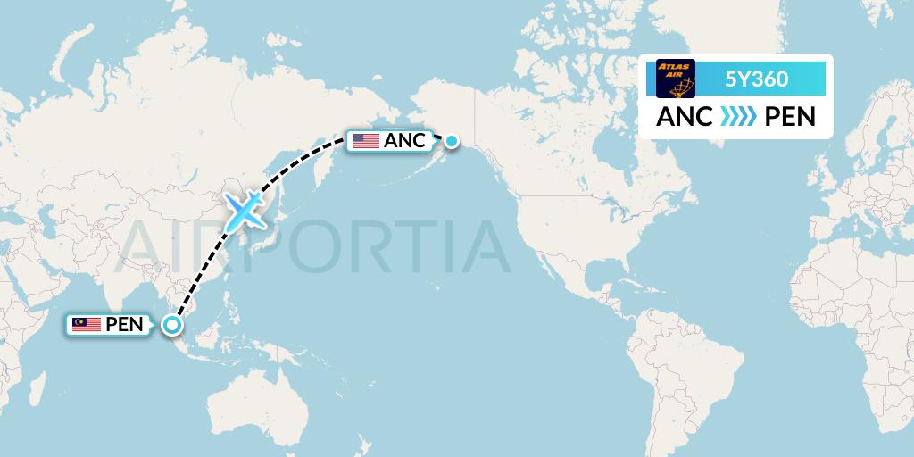 5Y360 Atlas Air Flight Map: Anchorage to Penang