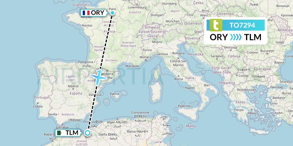TO7294 Transavia France Flight Map: Paris to Tlemcen