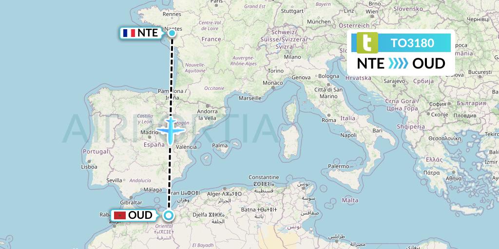 TO3180 Transavia France Flight Map: Nantes to Oujda