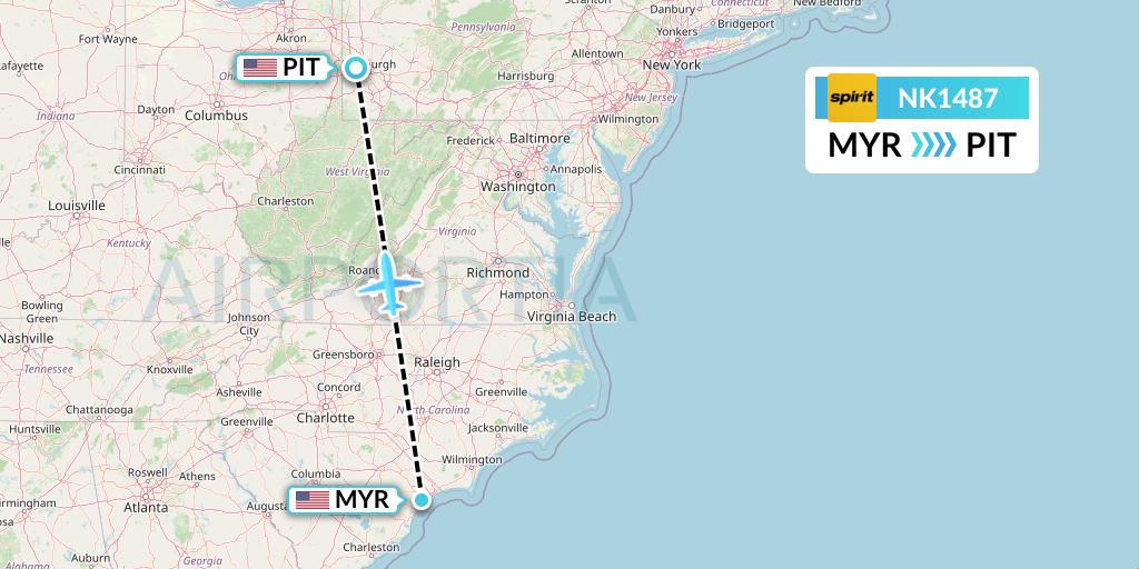 NK1487 Spirit Airlines Flight Map: Myrtle Beach to Pittsburgh