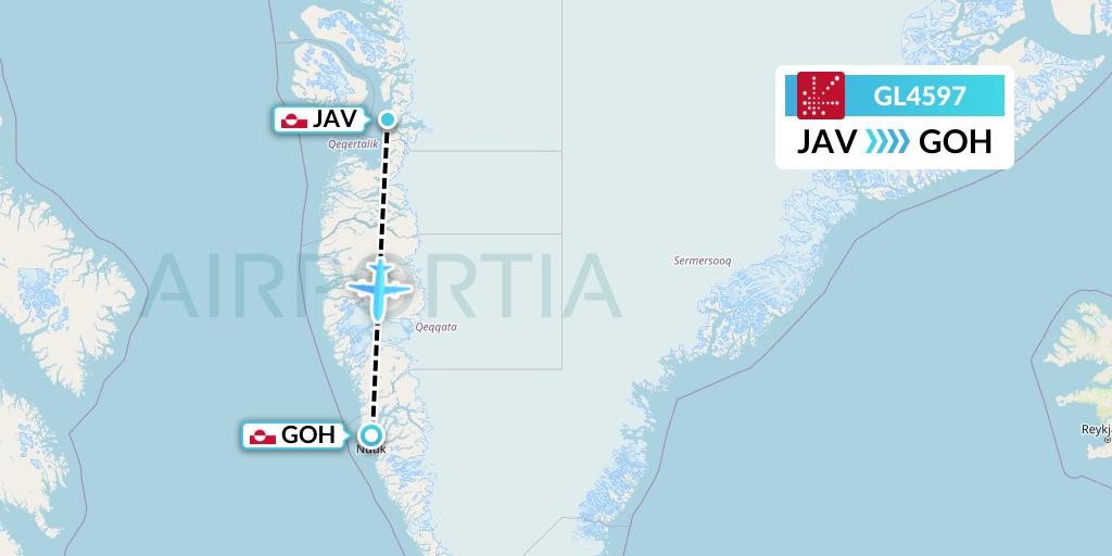 GL4597 Air Greenland Flight Map: Ilulissat to Nuuk