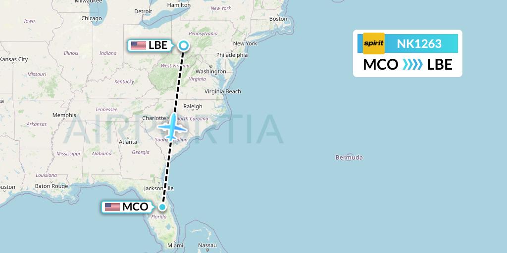 NK1263 Spirit Airlines Flight Map: Orlando to Latrobe