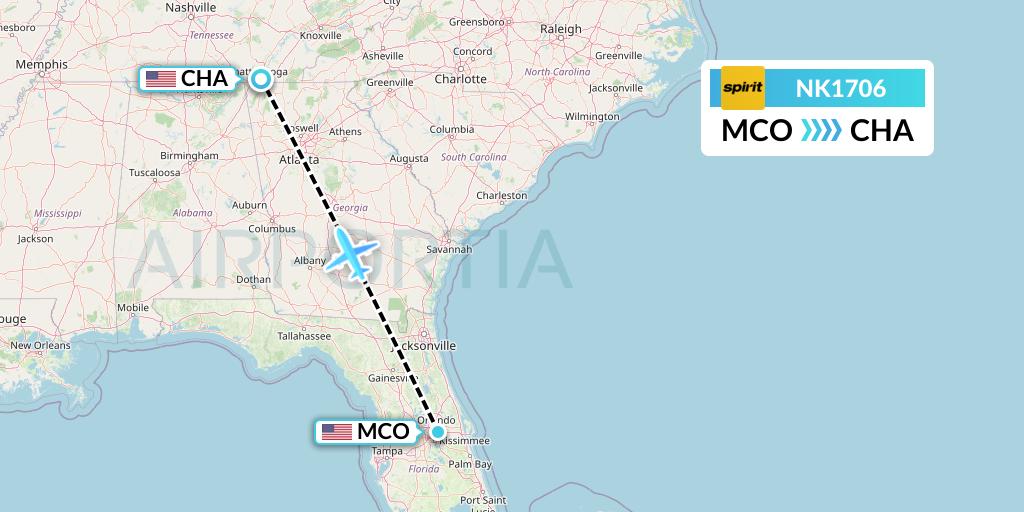 NK1706 Spirit Airlines Flight Map: Orlando to Chattanooga