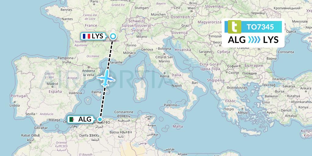 TO7345 Transavia France Flight Map: Algiers to Lyon