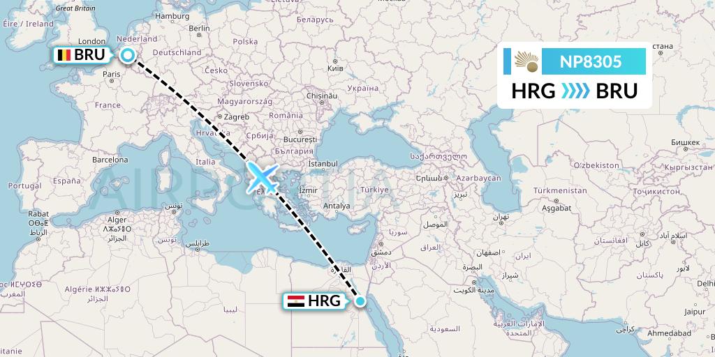 NP8305 Nile Air Flight Map: Hurghada to Brussels