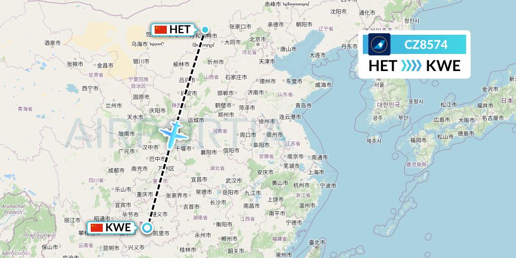 CZ8574 China Southern Airlines Flight Map: Hohhot to Guiyang