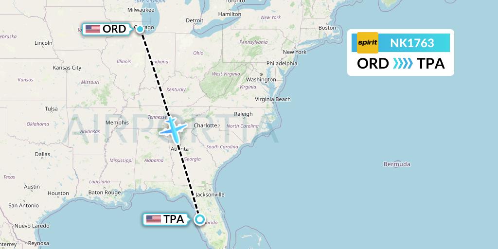 NK1763 Spirit Airlines Flight Map: Chicago to Tampa
