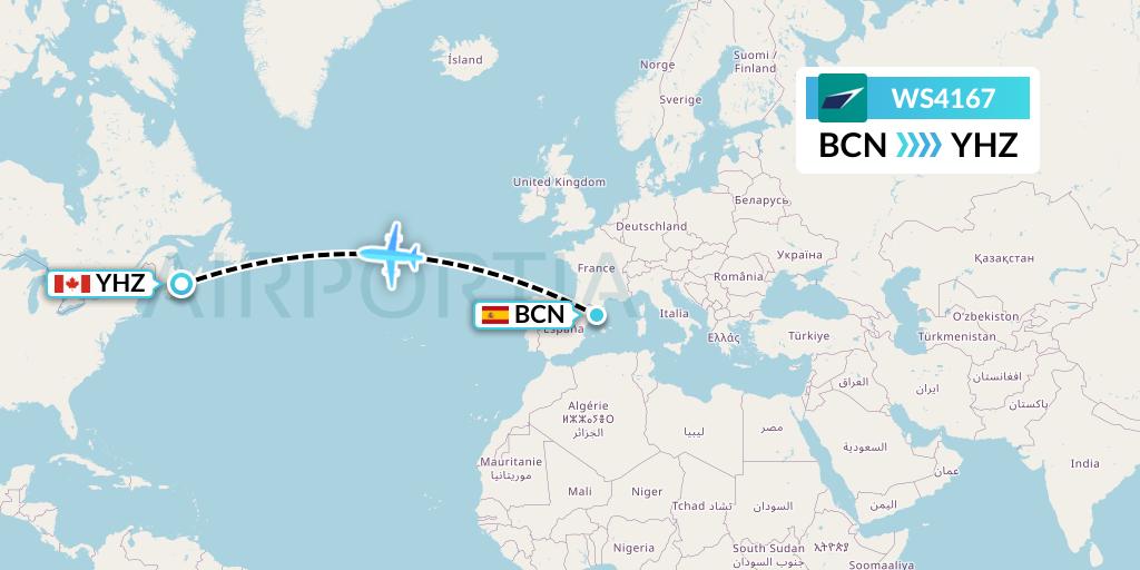 WS4167 WestJet Flight Map: Barcelona to Halifax