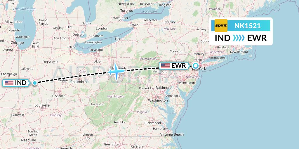 NK1521 Spirit Airlines Flight Map: Indianapolis to New York