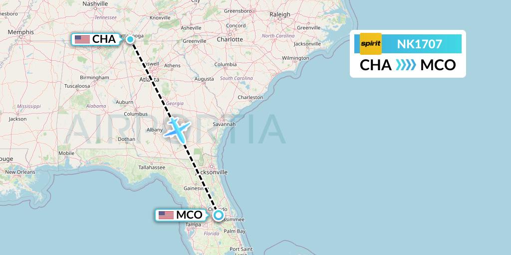 NK1707 Spirit Airlines Flight Map: Chattanooga to Orlando