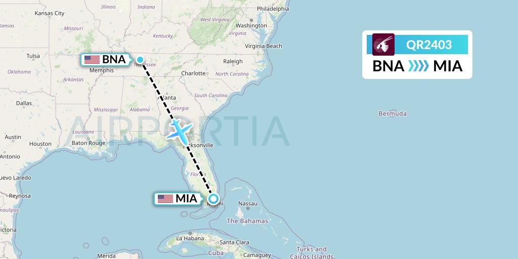 QR2403 Qatar Airways Flight Map: Nashville to Miami