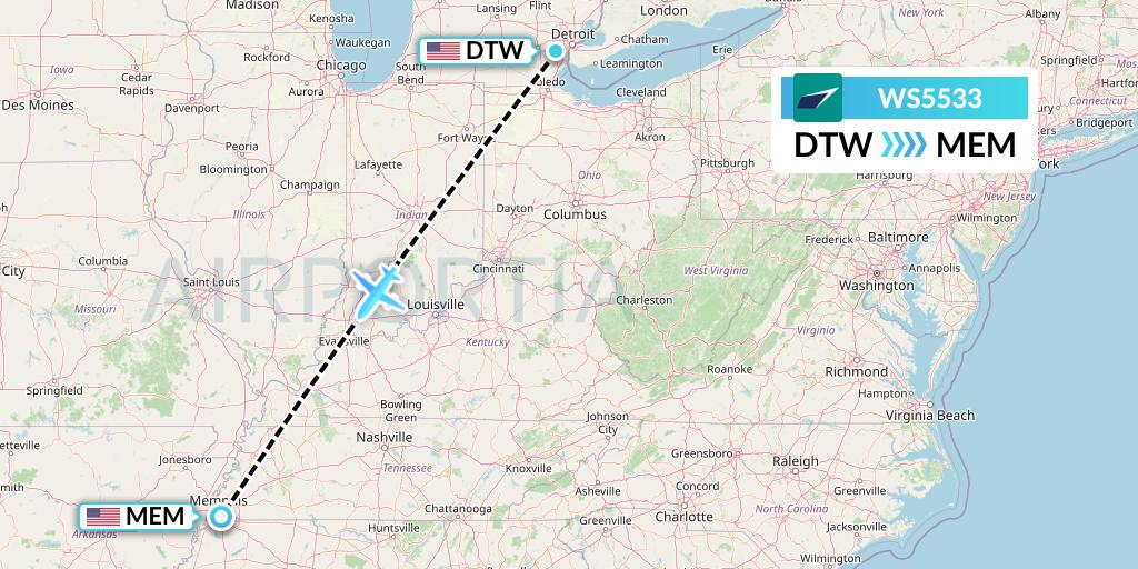 WS5533 WestJet Flight Map: Detroit to Memphis