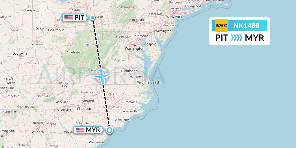NK1488 Spirit Airlines Flight Map: Pittsburgh to Myrtle Beach