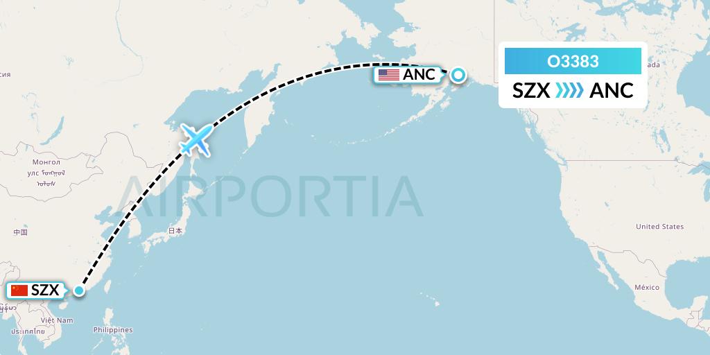 O3383 SF Airlines Flight Map: Shenzhen to Anchorage