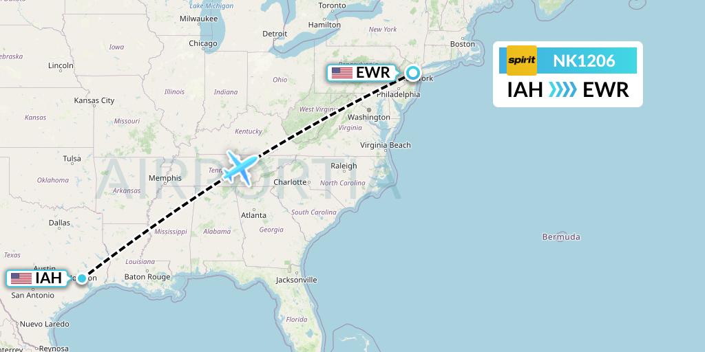 NK1206 Spirit Airlines Flight Map: Houston to New York