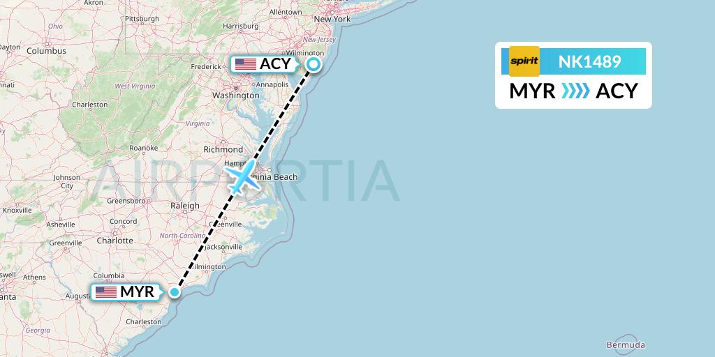NK1489 Spirit Airlines Flight Map: Myrtle Beach to Atlantic City