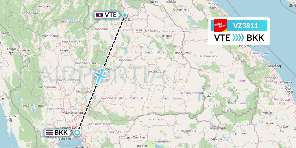 VZ3811 Thai Vietjet Air Flight Map: Vientiane to Bangkok