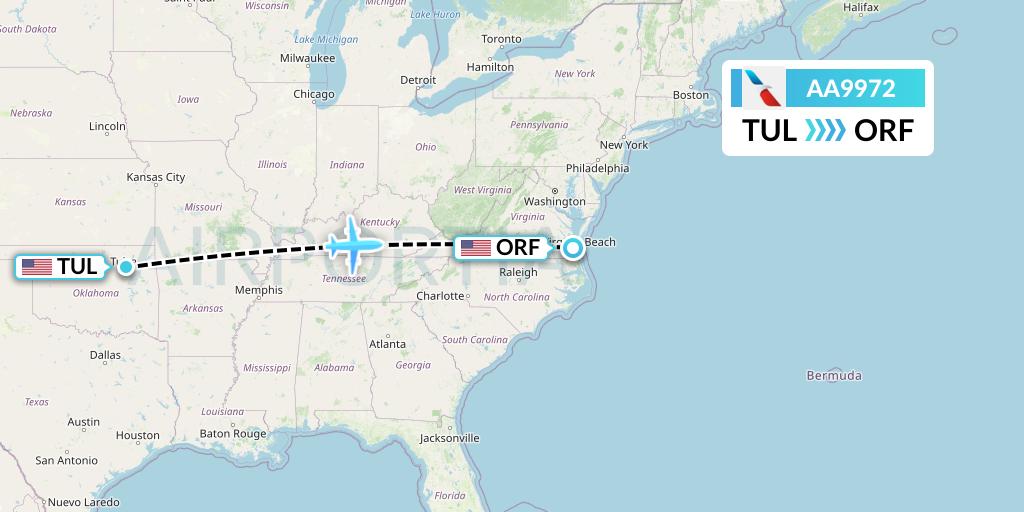 AA9972 American Airlines Flight Map: Tulsa to Norfolk