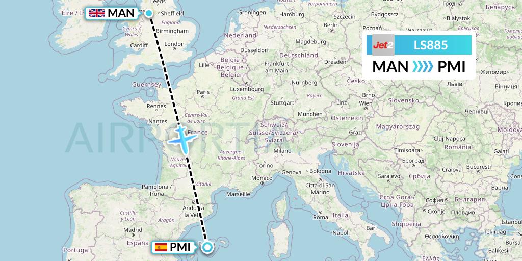 LS885 Jet2 Flight Map: Manchester to Palma de Mallorca