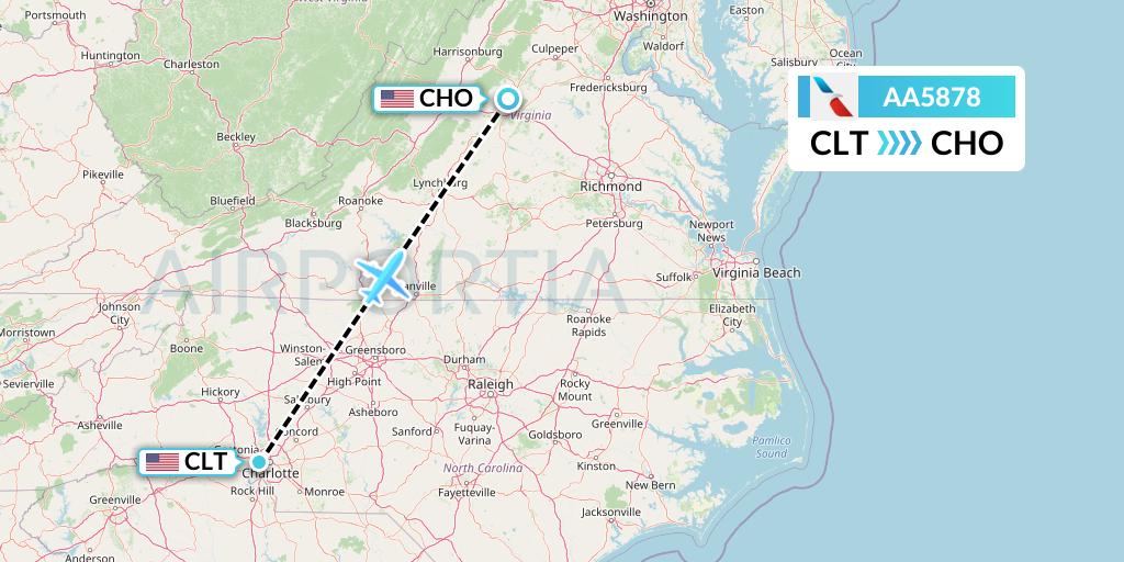 AA5878 American Airlines Flight Map: Charlotte to Charlottesville
