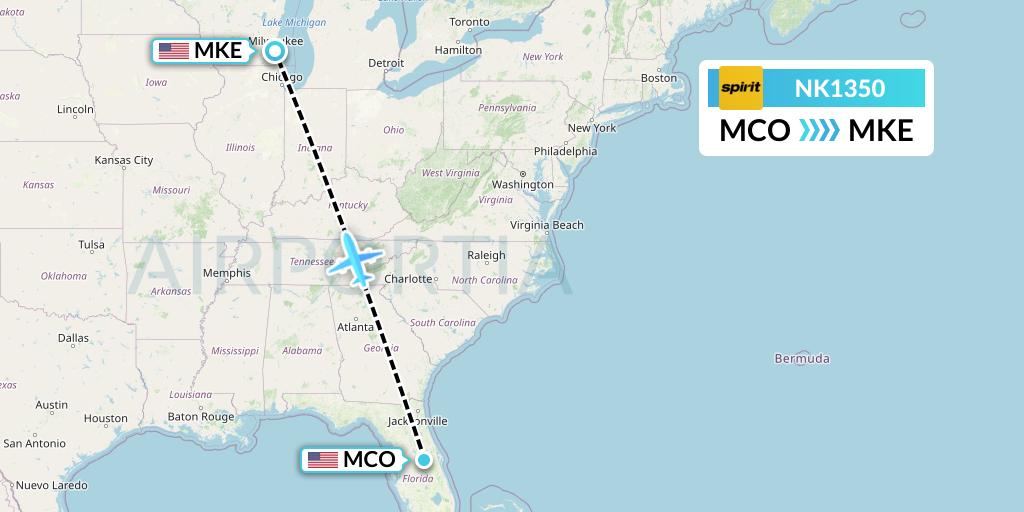 NK1350 Spirit Airlines Flight Map: Orlando to Milwaukee
